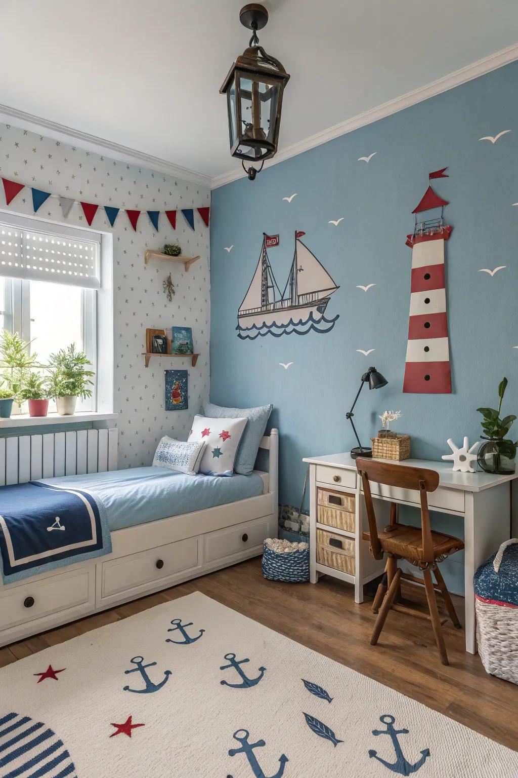 Sea blue creates a serene and adventurous space.
