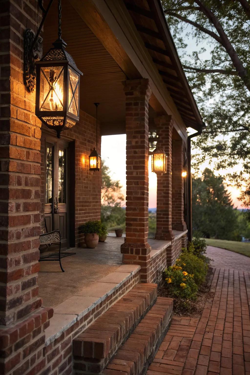 Lanterns cast a warm glow, transforming this brick porch into a nighttime retreat.