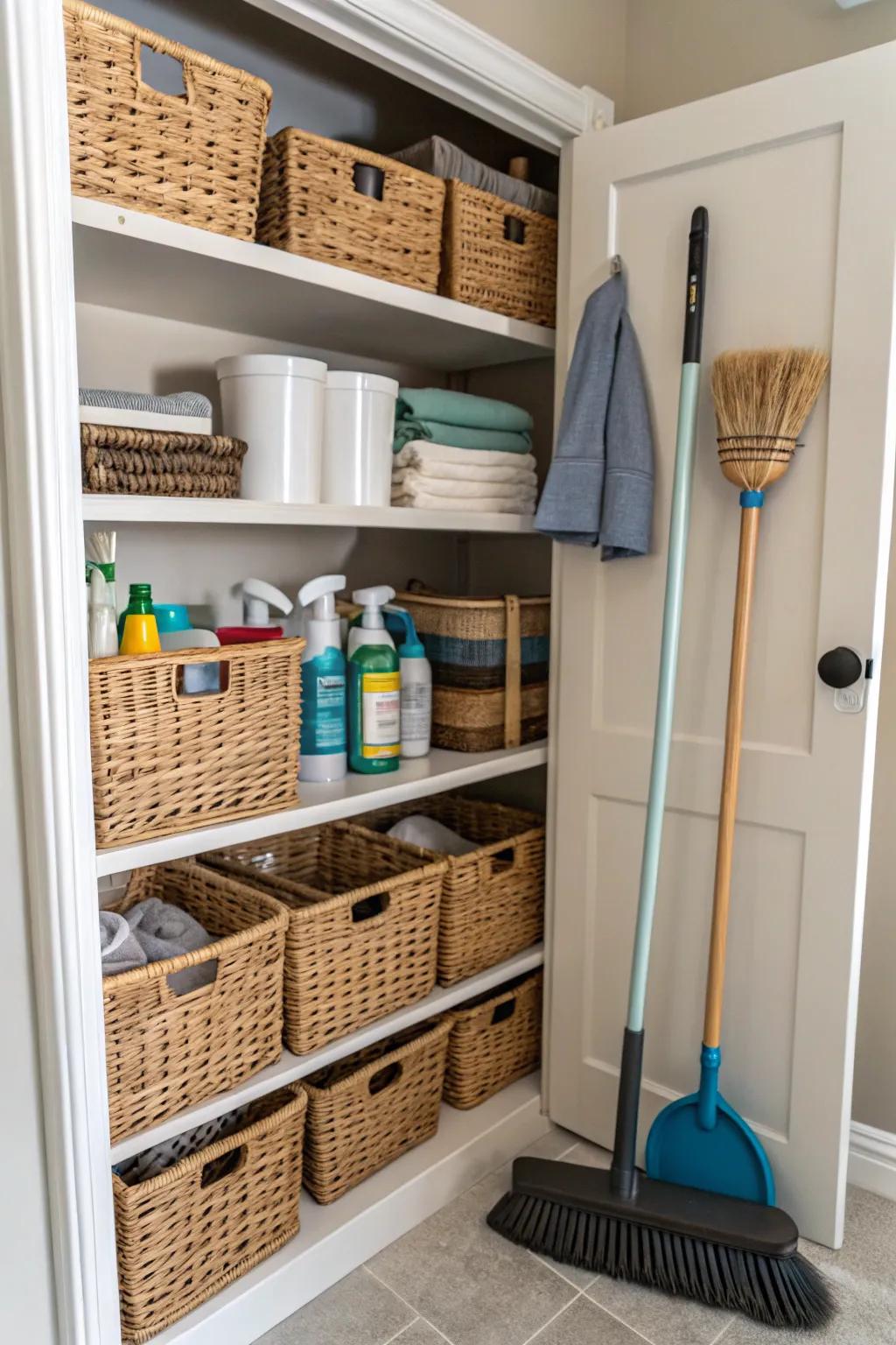 Maintain disarray at bay through fashionable basket organization.