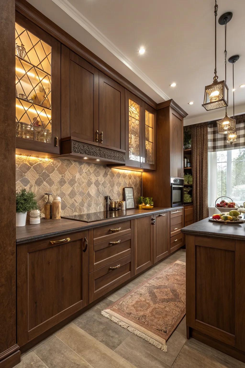 Stratifying brown shades appends profundity and warmth to the kitchen.