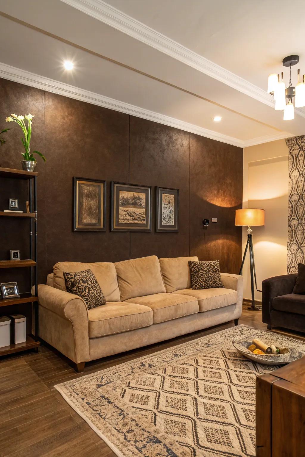 A striking brown feature wall acts as a remarkable point of emphasis.