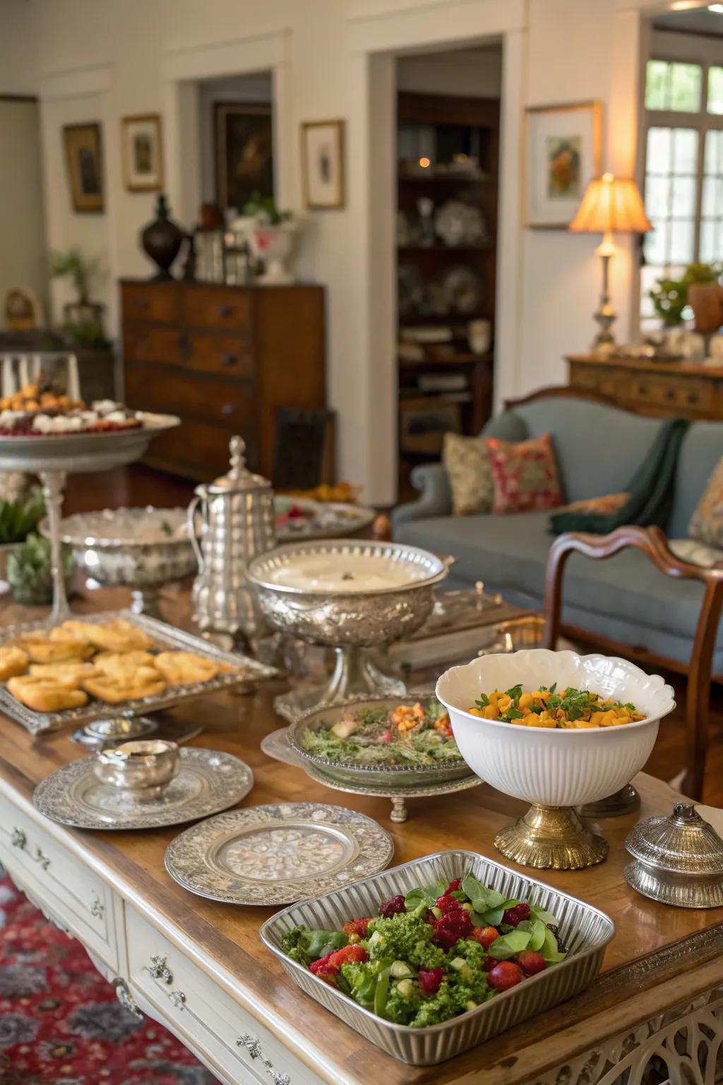A mixed collection of serving ware adds personality and style.
