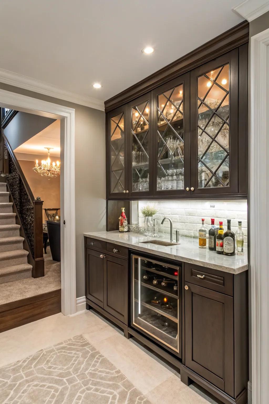 A mirrored backsplash enriches a narrow bar space with depth and charm.