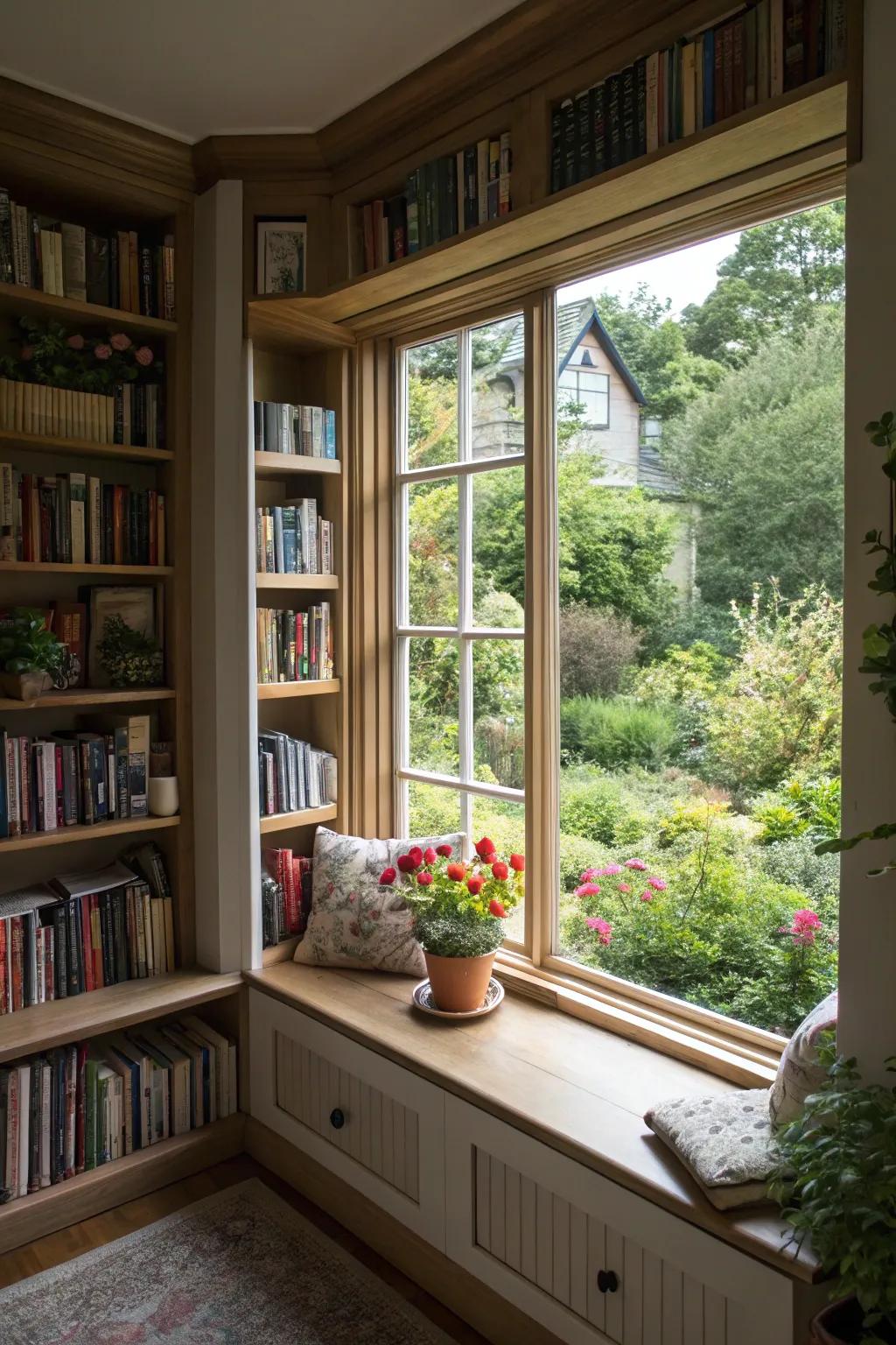 A peaceful reading area with a view, made possible by a bay window bookshelf.