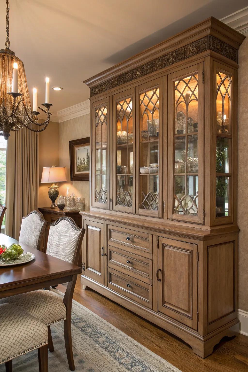 Decorative hardware on dining room cabinets adds charm and personality.