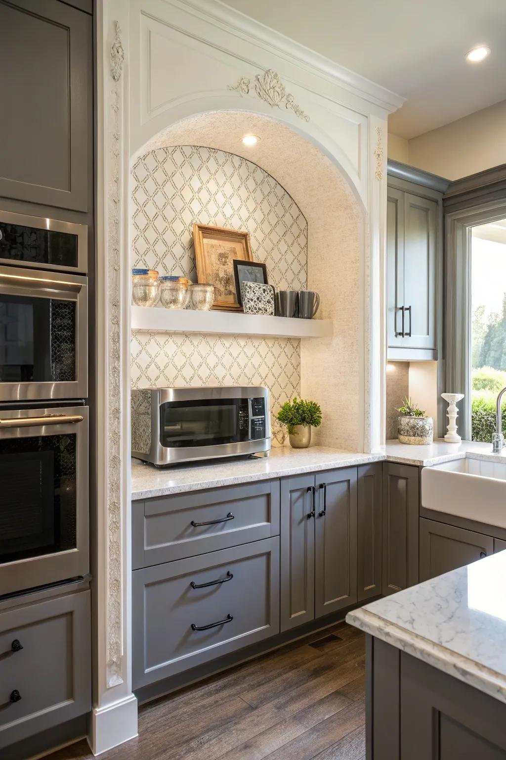 Elegant culinary space featuring an ornamental niche designed for the microwave.