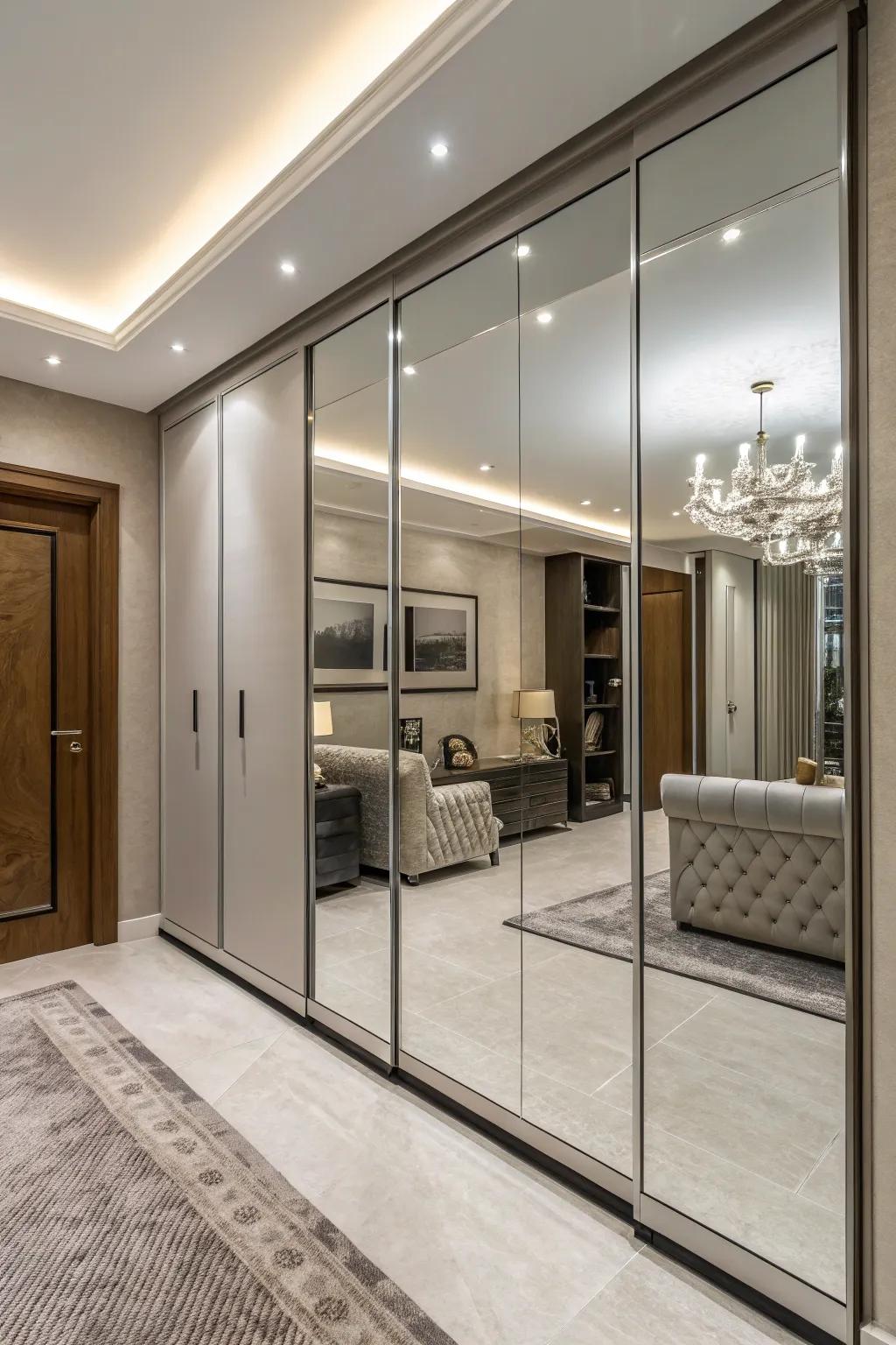 Mirrored wardrobe fronts enhance depth and practicality.