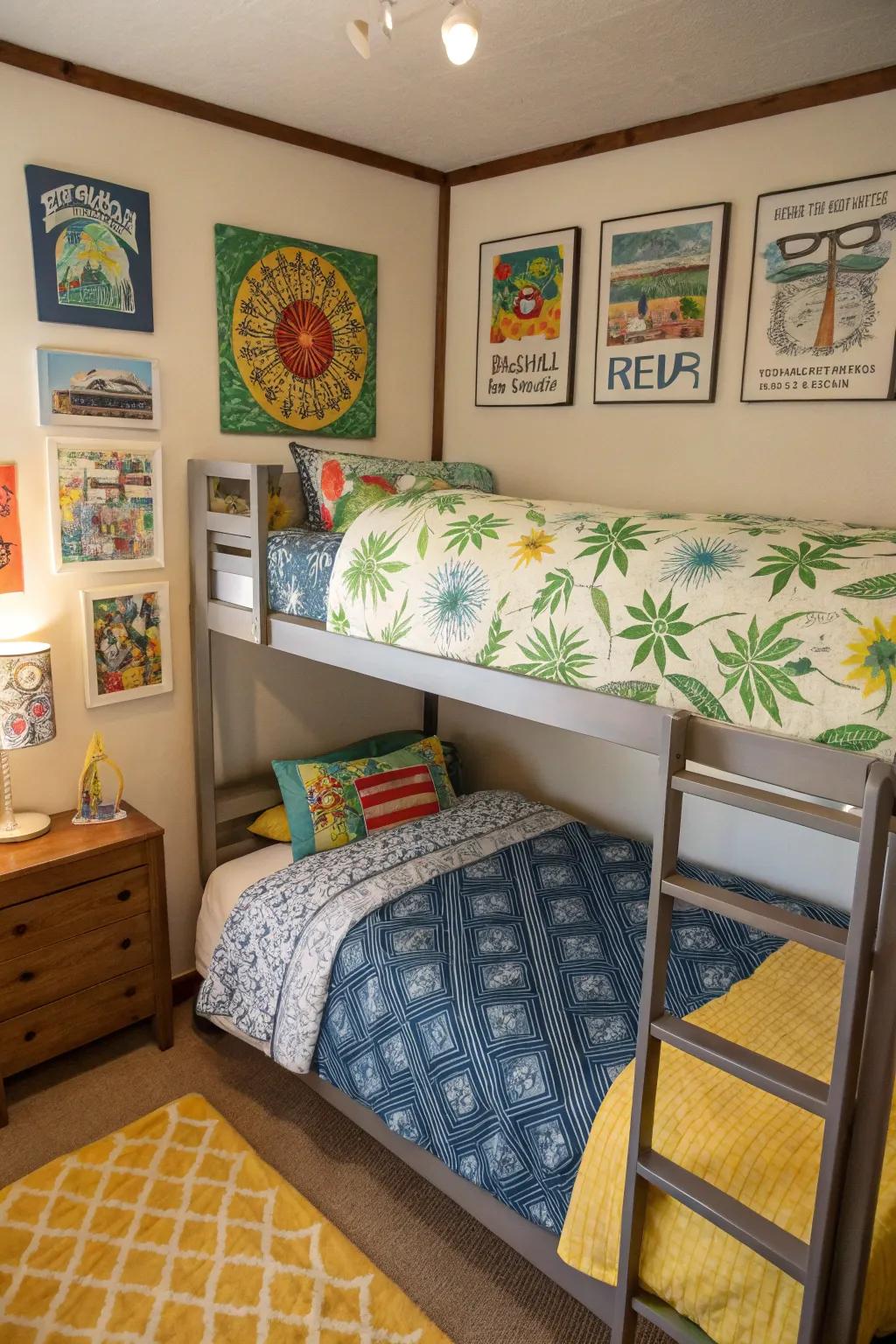 Bunk room decorated with distinctive bedding and artwork to add a personal touch.