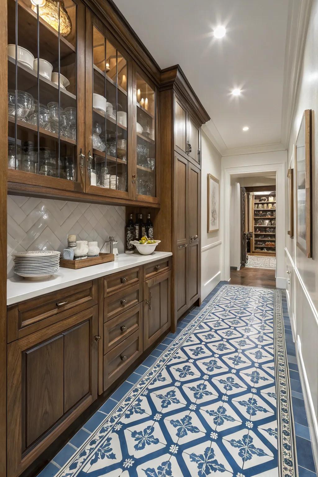 Motif tiles infuse character into the flooring of this pantry.