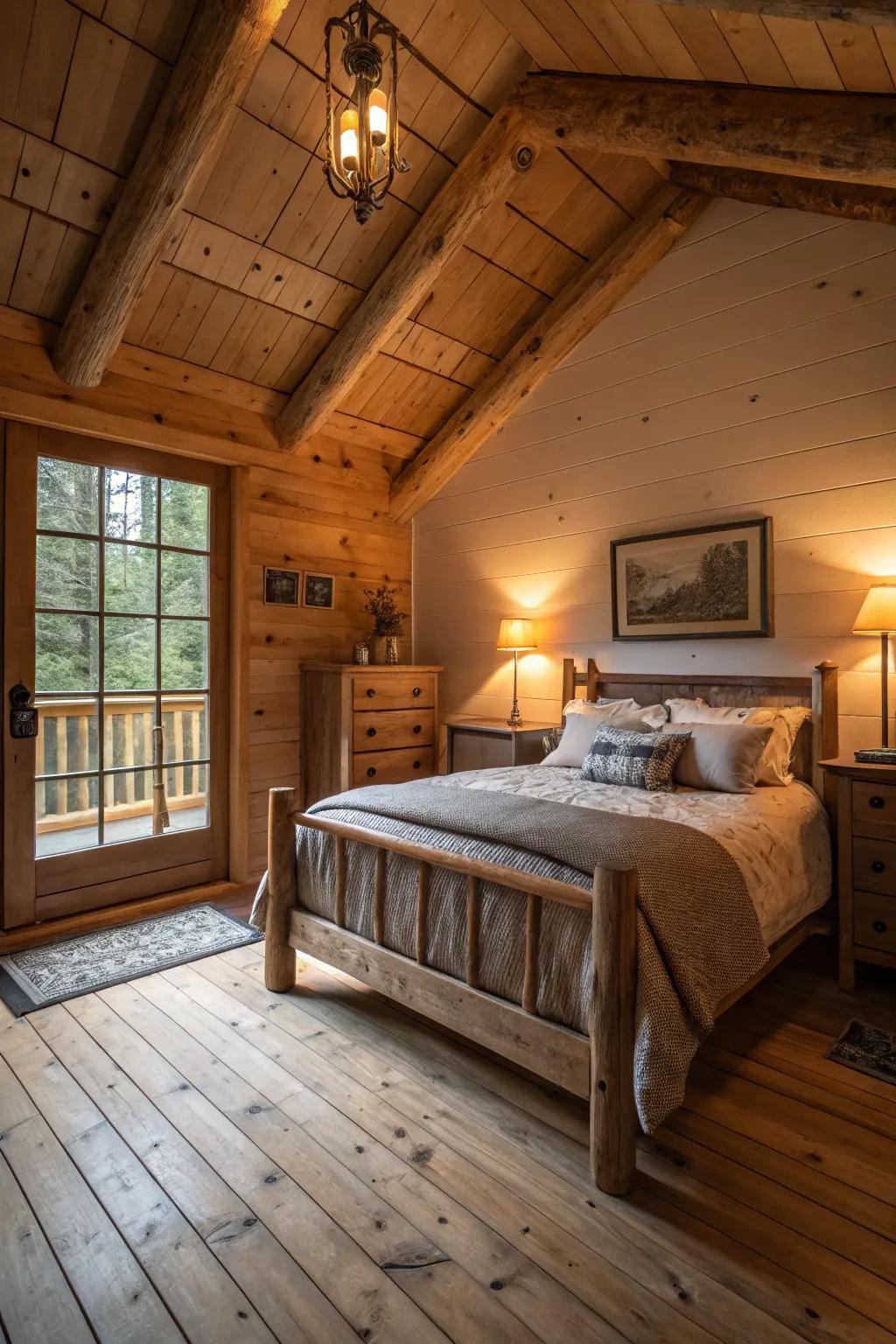 A cabin bedroom with ambient warm lighting and wooden elements.
