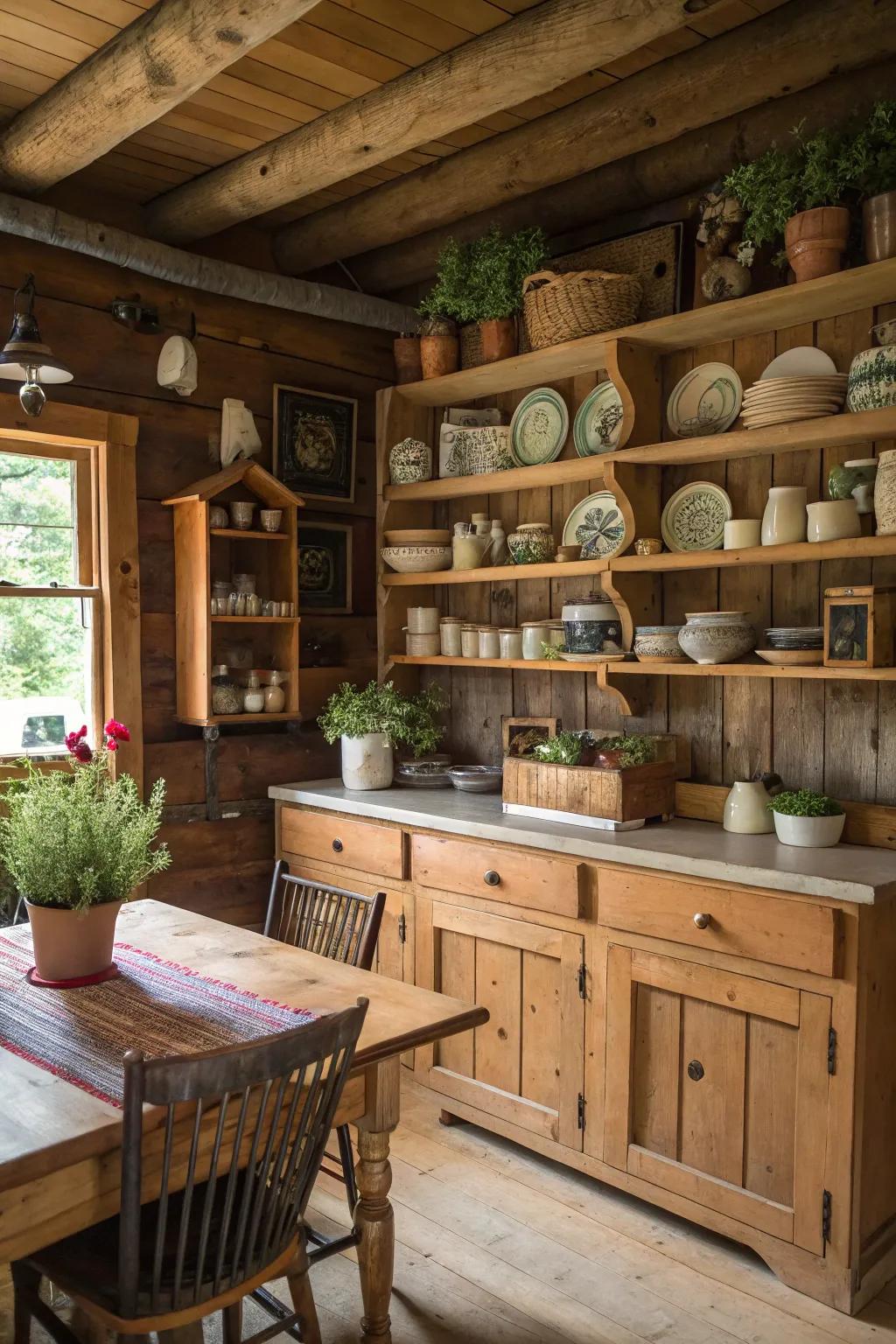Exposed shelving provides both aesthetic and functional utility in a log cabin kitchen.