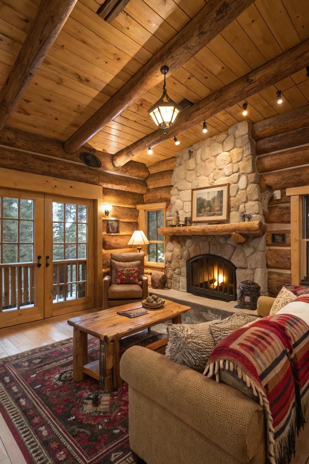 Unpolished wood decor adds genuineness to this charming cabin family room.