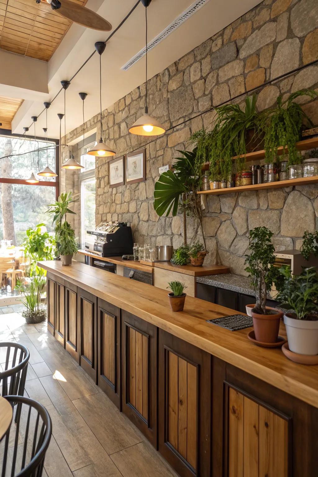 A cafe kitchen showcases natural materials for a warm and inviting atmosphere.
