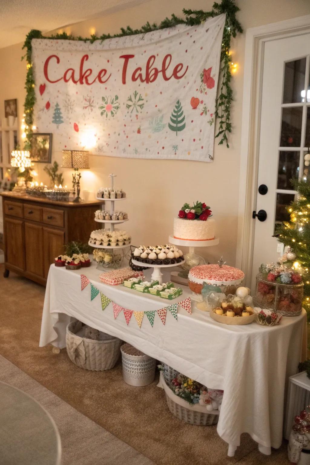 A cake display with a personalized background, adding a unique component to the setup.