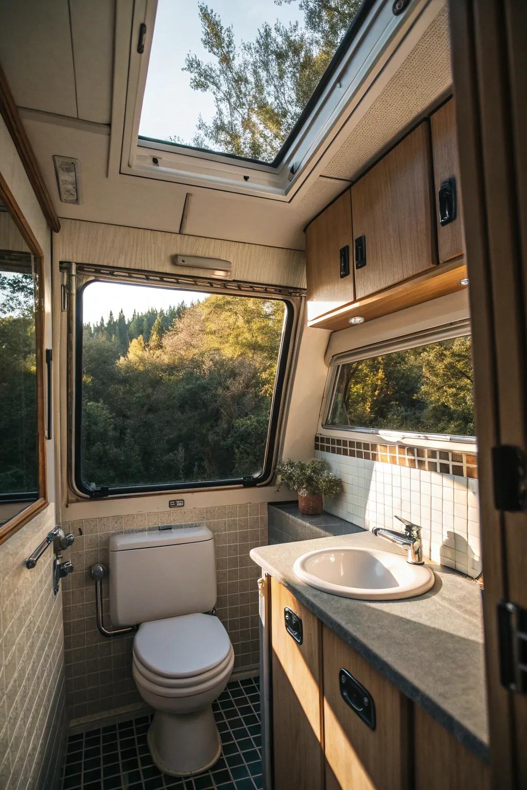 A camper van bathroom beautifully lit by a sunroof.