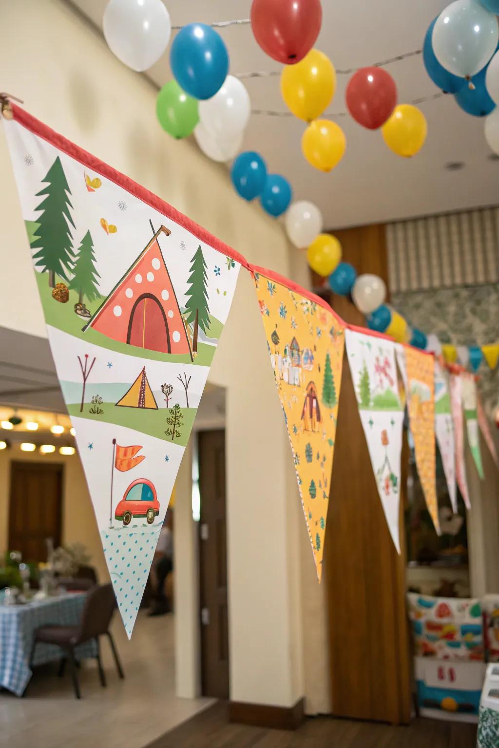 Bespoke camping-inspired birthday banners establishing a declaration.