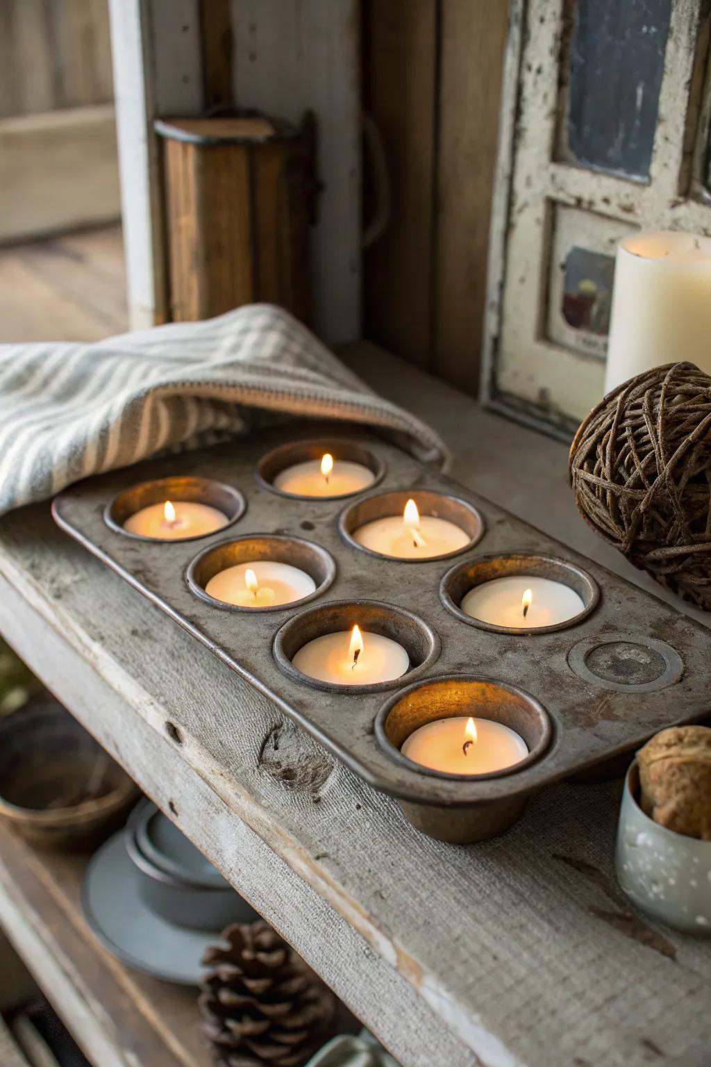 An old-fashioned muffin tin creates an appealing candle exhibit.