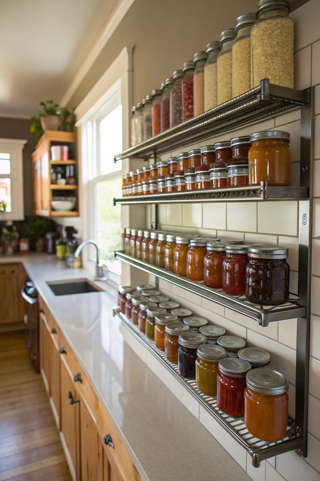 Conserve space with wall-mounted shelving for your canning jars.