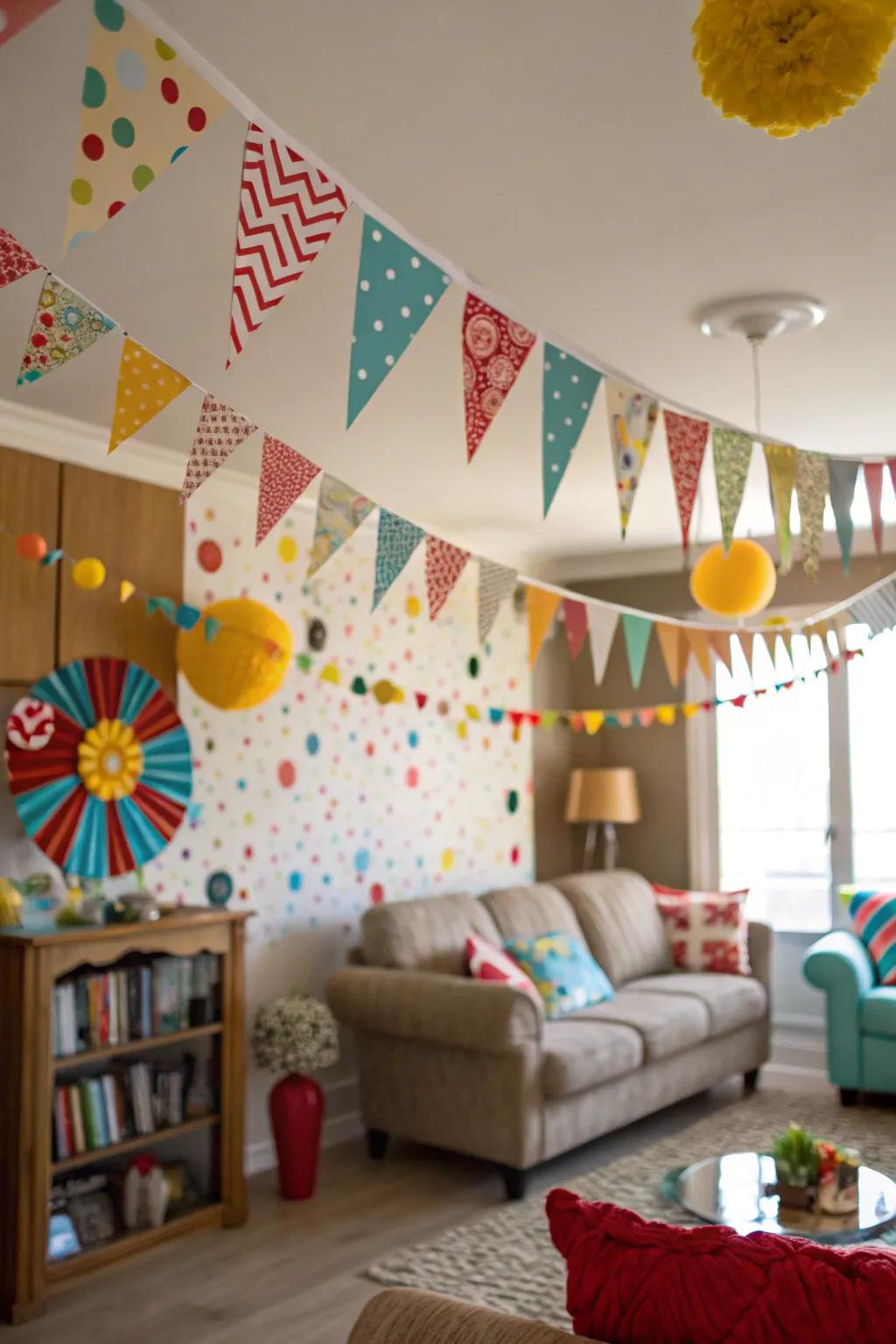 Pennants and garlands contribute a celebratory flair to your area.