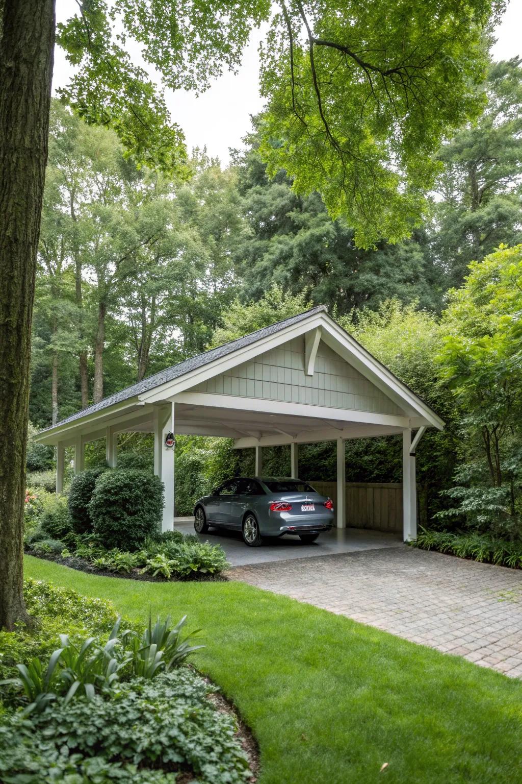 A carport with a sloped roof, offering both style and practicality.