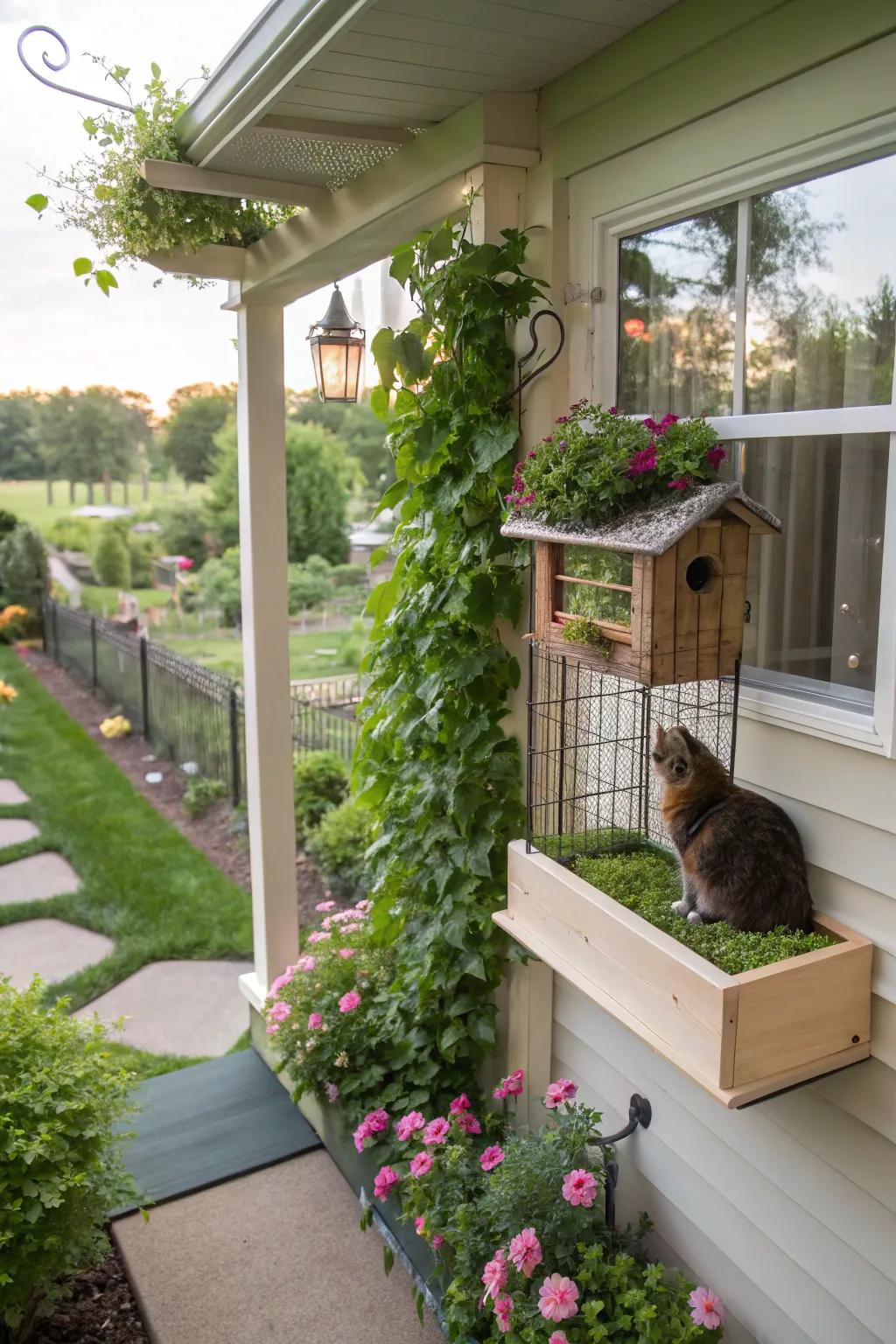 A window box catio granting a secure outdoor experience for domestic cats.