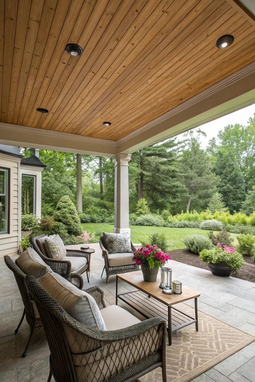 A sheltered porch features a cedar ceiling, designed for ultimate relaxation.