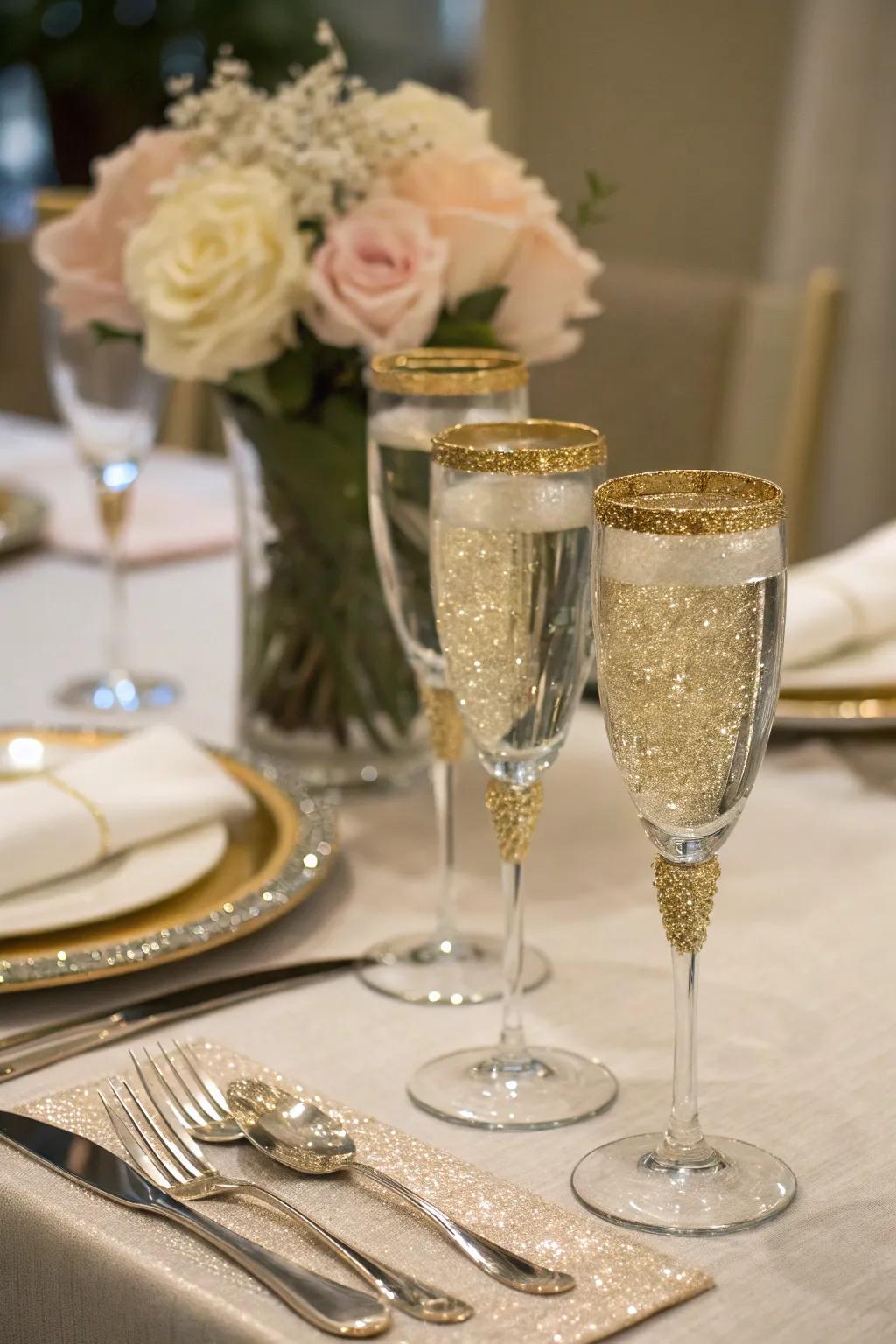 Glitter-rimmed glasses for a sparkling toast.