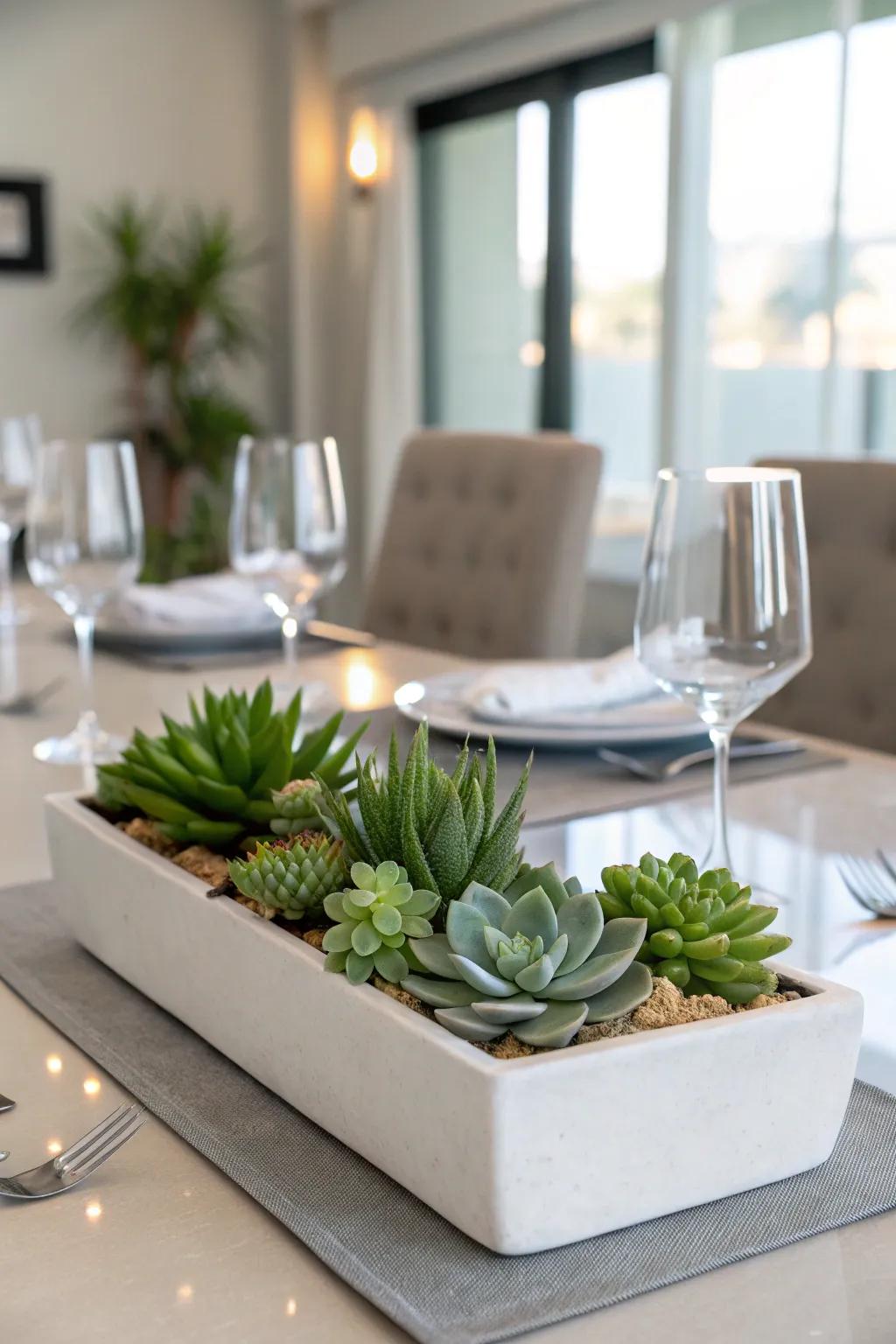 Succulents introduce a modern and understated touch to the table.