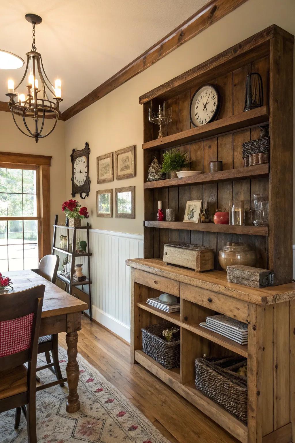 Provincial appeal via salvaged lumber shelves.