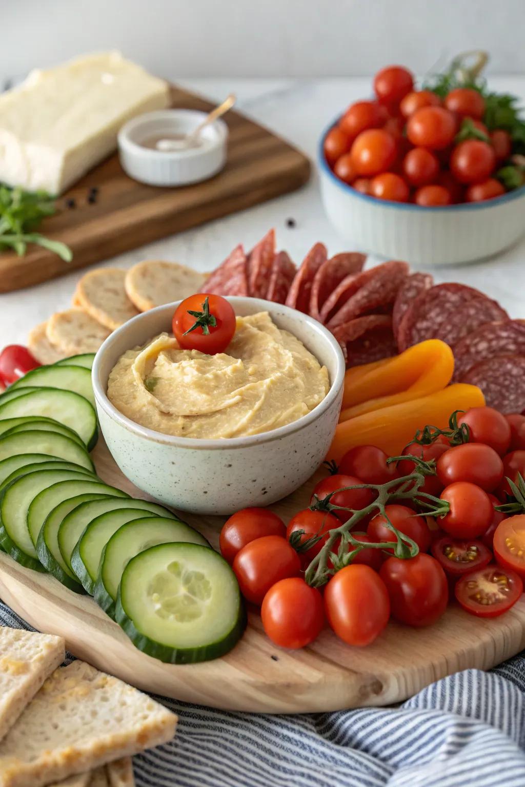 A garden-fresh charcuterie board composition.