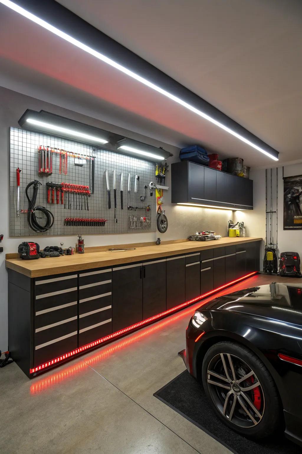 Raise your garage's allure with spectacular bespoke display illumination, transforming any workspace into an exceptional showcase.