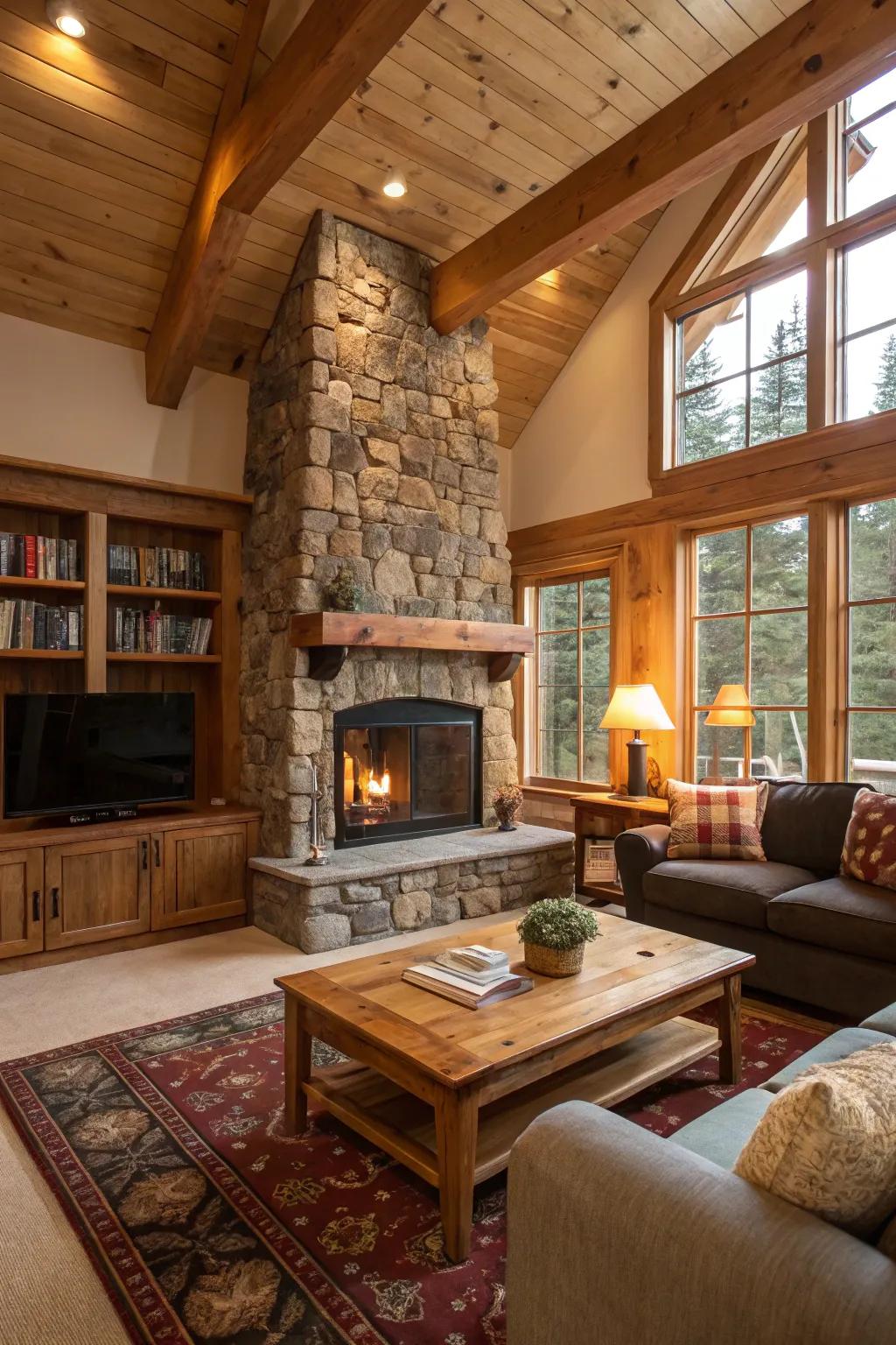 Raw lumber accents convey warmth and rustic allure to this welcoming area.