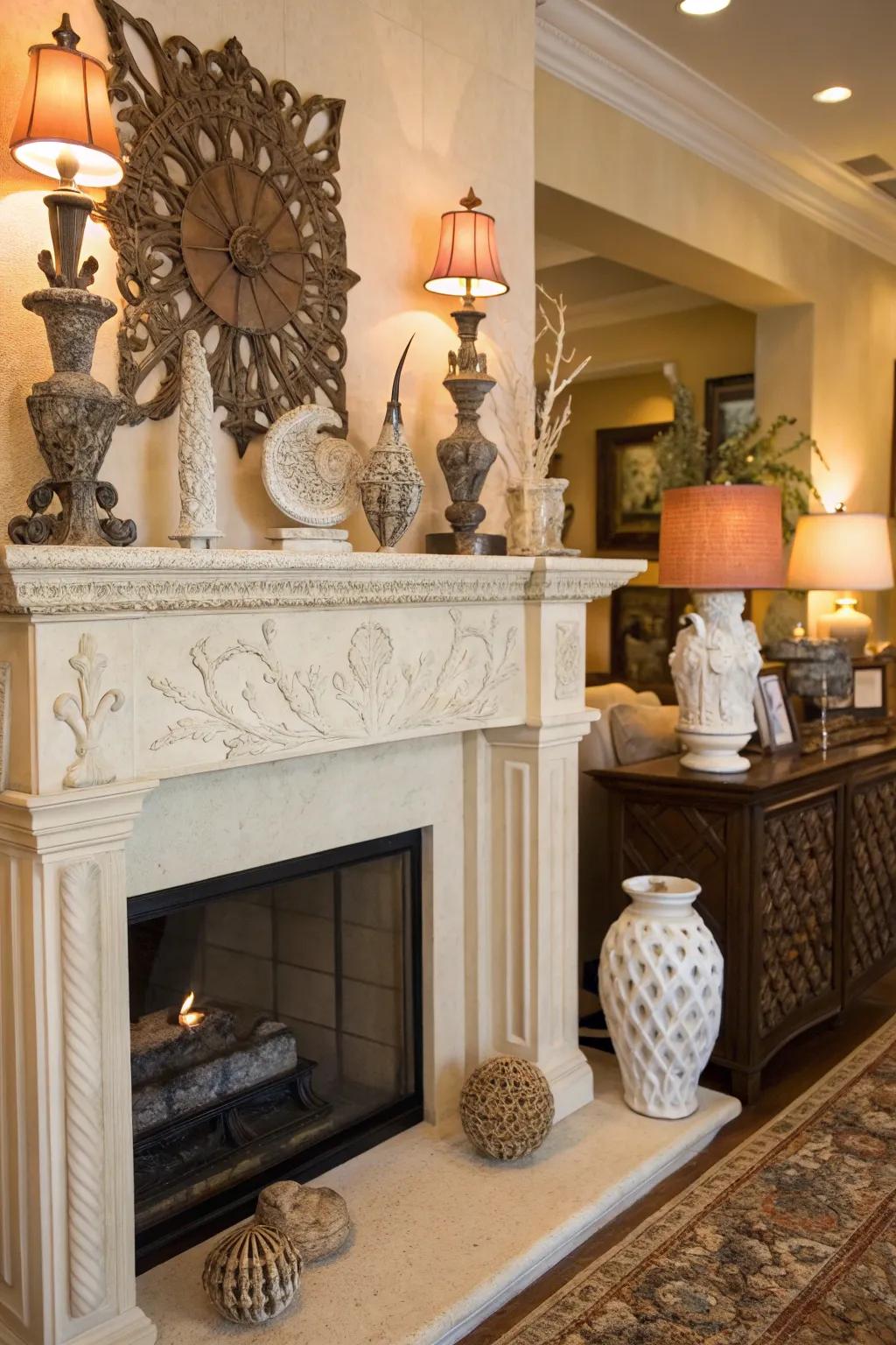Sculptural components exhibited upon the mantelpiece augment aesthetic profundity and visual fascination.