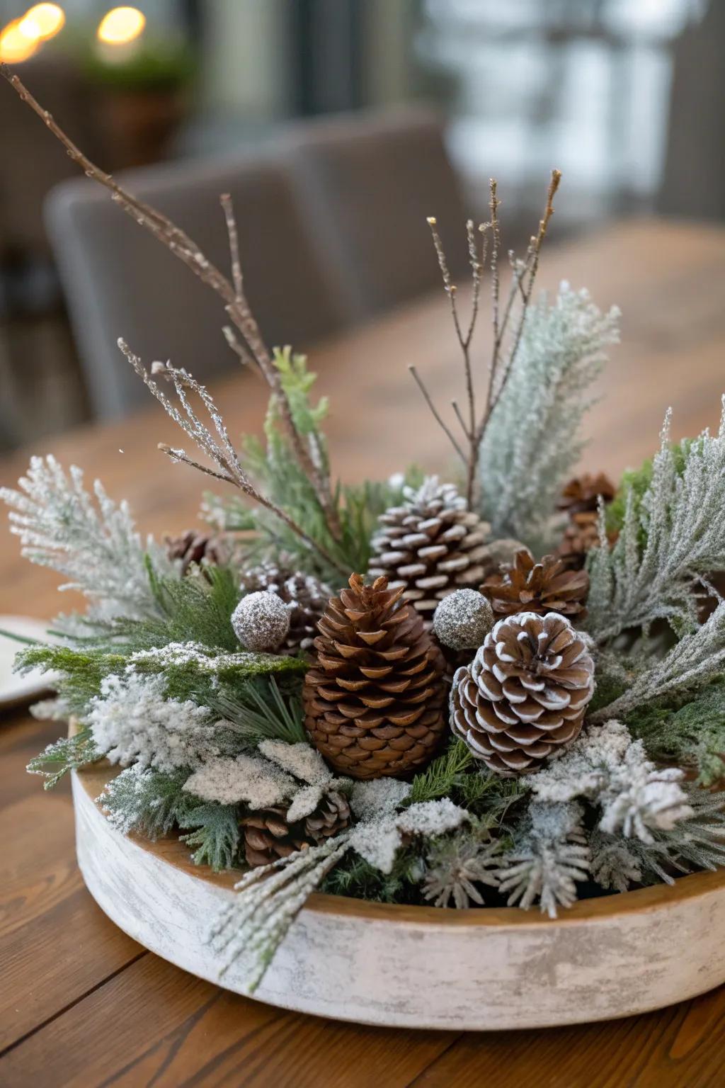 Coniferous cones and frosted boughs evoke a wintry wonderland.