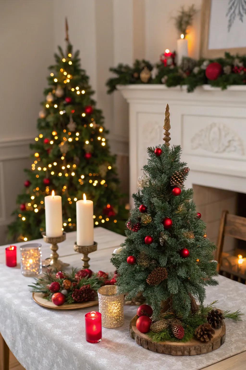 Tabletop Christmas trees adding a festive touch to a small space.