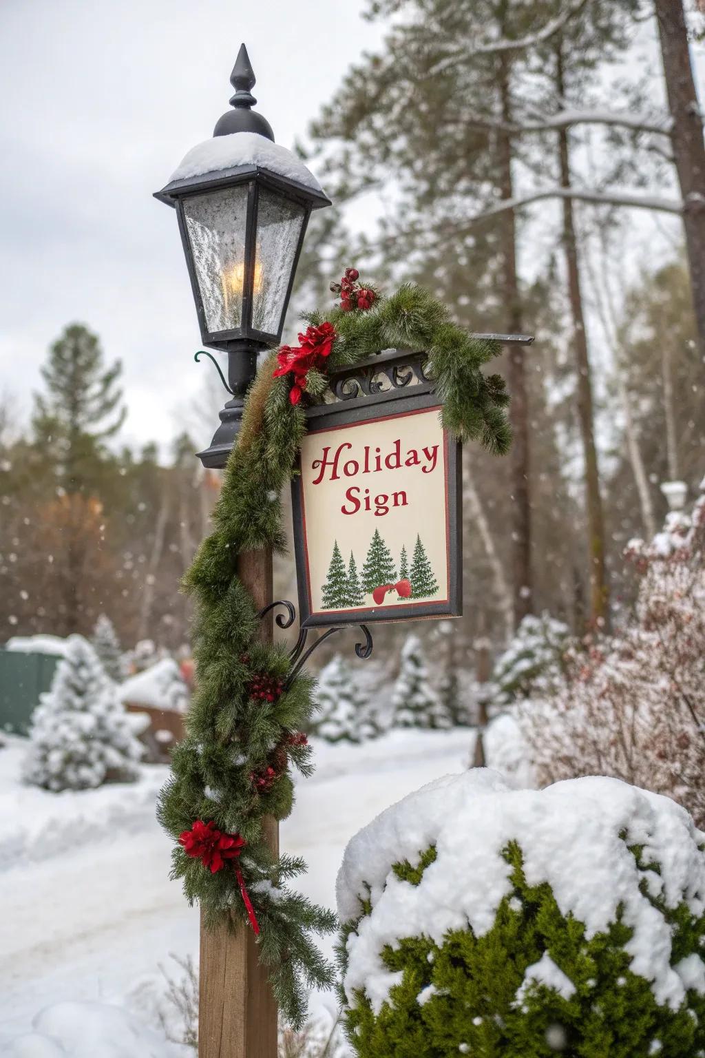 A festive sign transmits holiday spirit on a lamp post.
