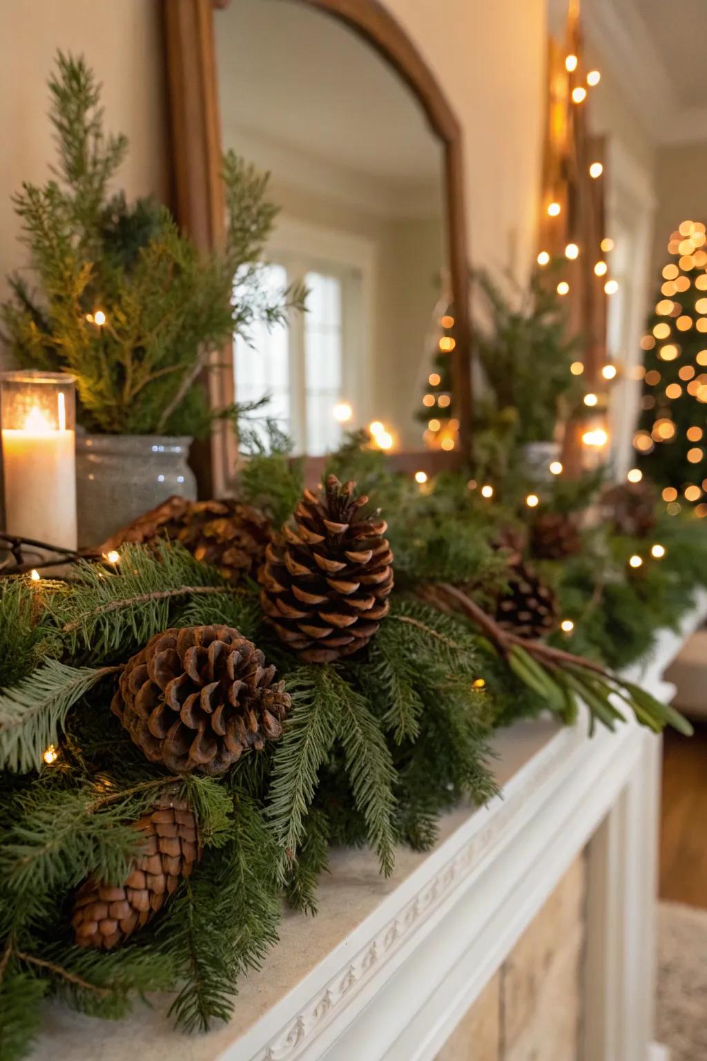Organic accents like fir cones introduce warmth and texture to your décor.