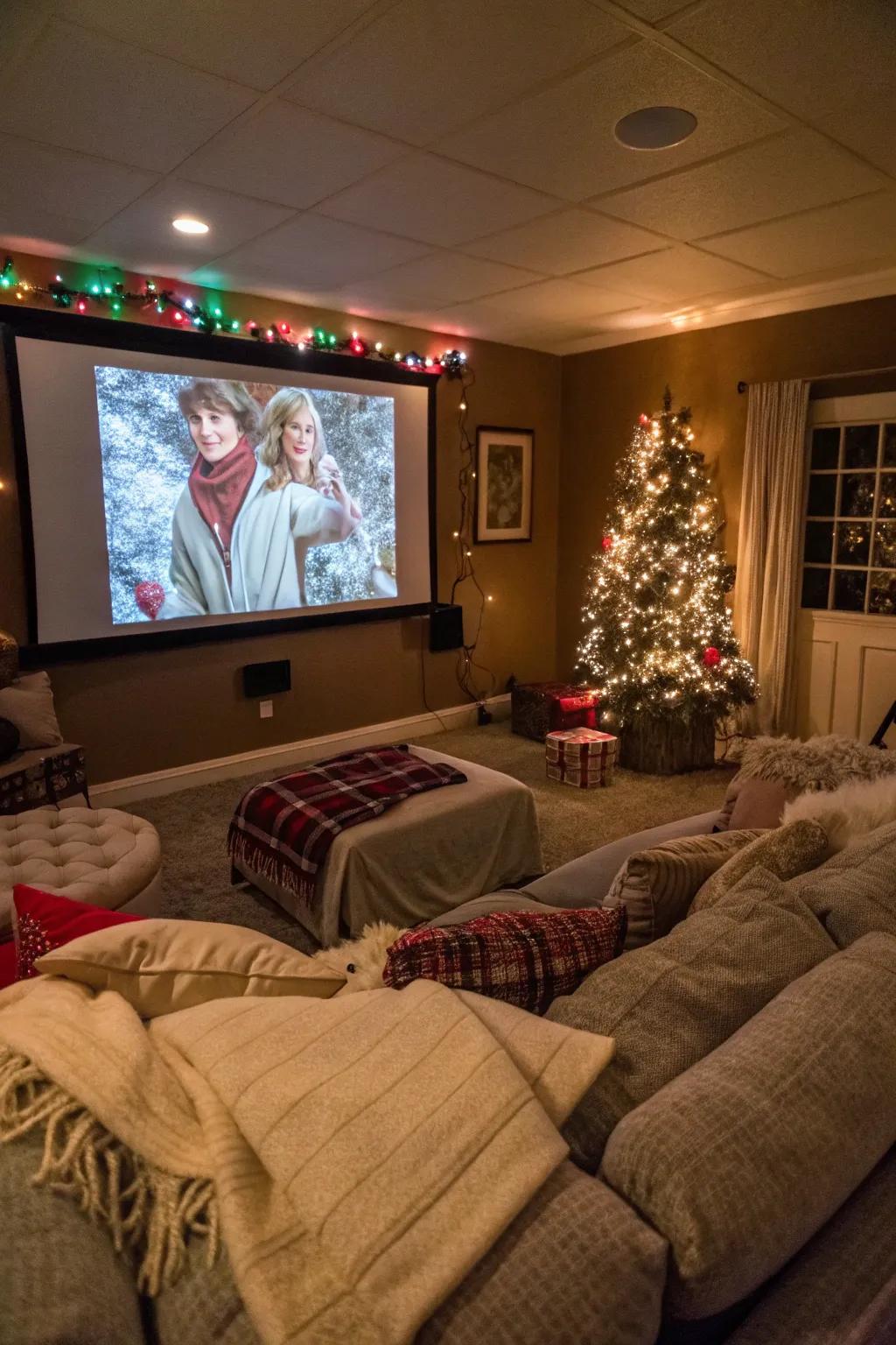 Establish a snug area for a festive cinematic journey.