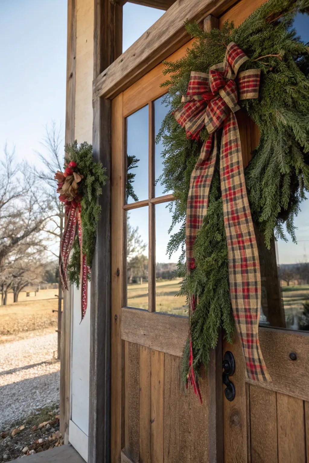 Tartan fabric imparts a snug nuance to this swag.