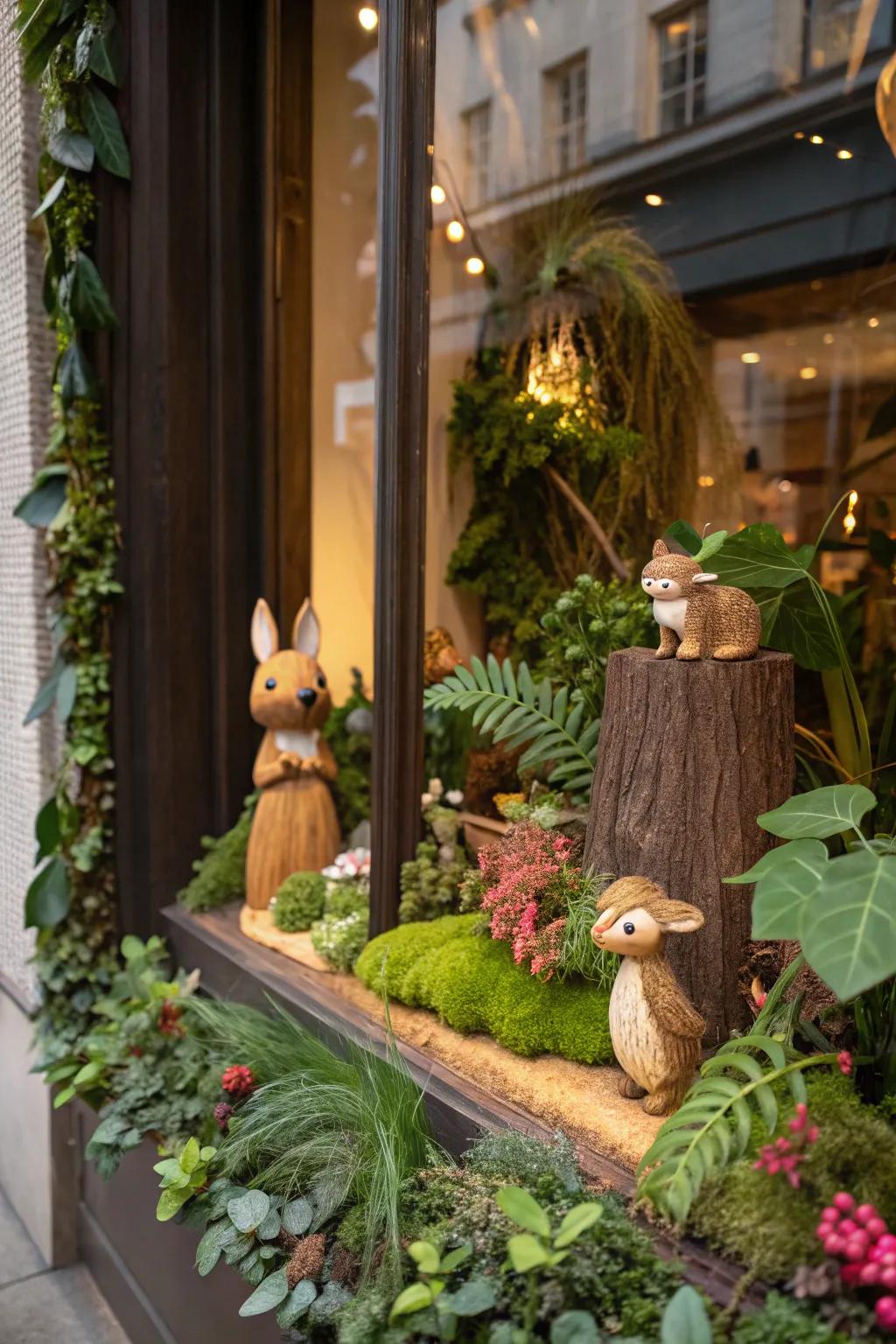 Forest friends impart a playful charm to the window display.
