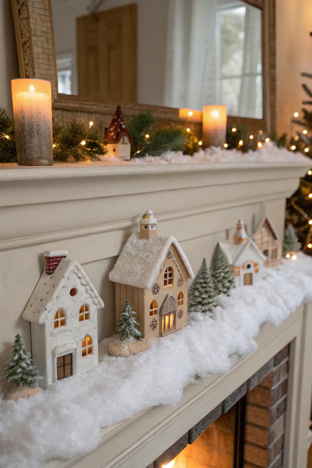A snug snow-laden village panorama presented on a fireplace mantel.