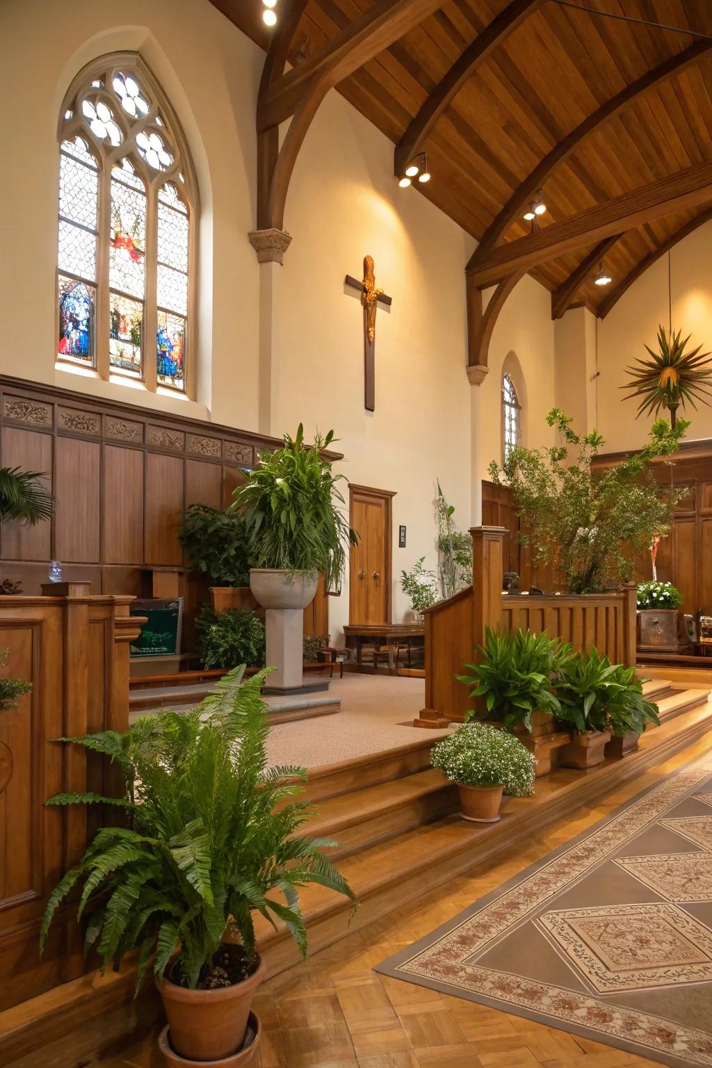 Church interior showcasing organic timber accents and potted flora.