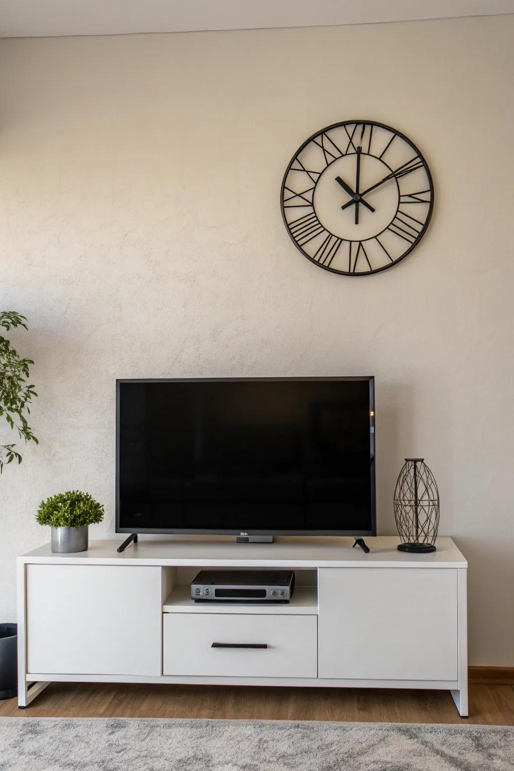 A minimalist clock contributes sophistication without overwhelming the space.