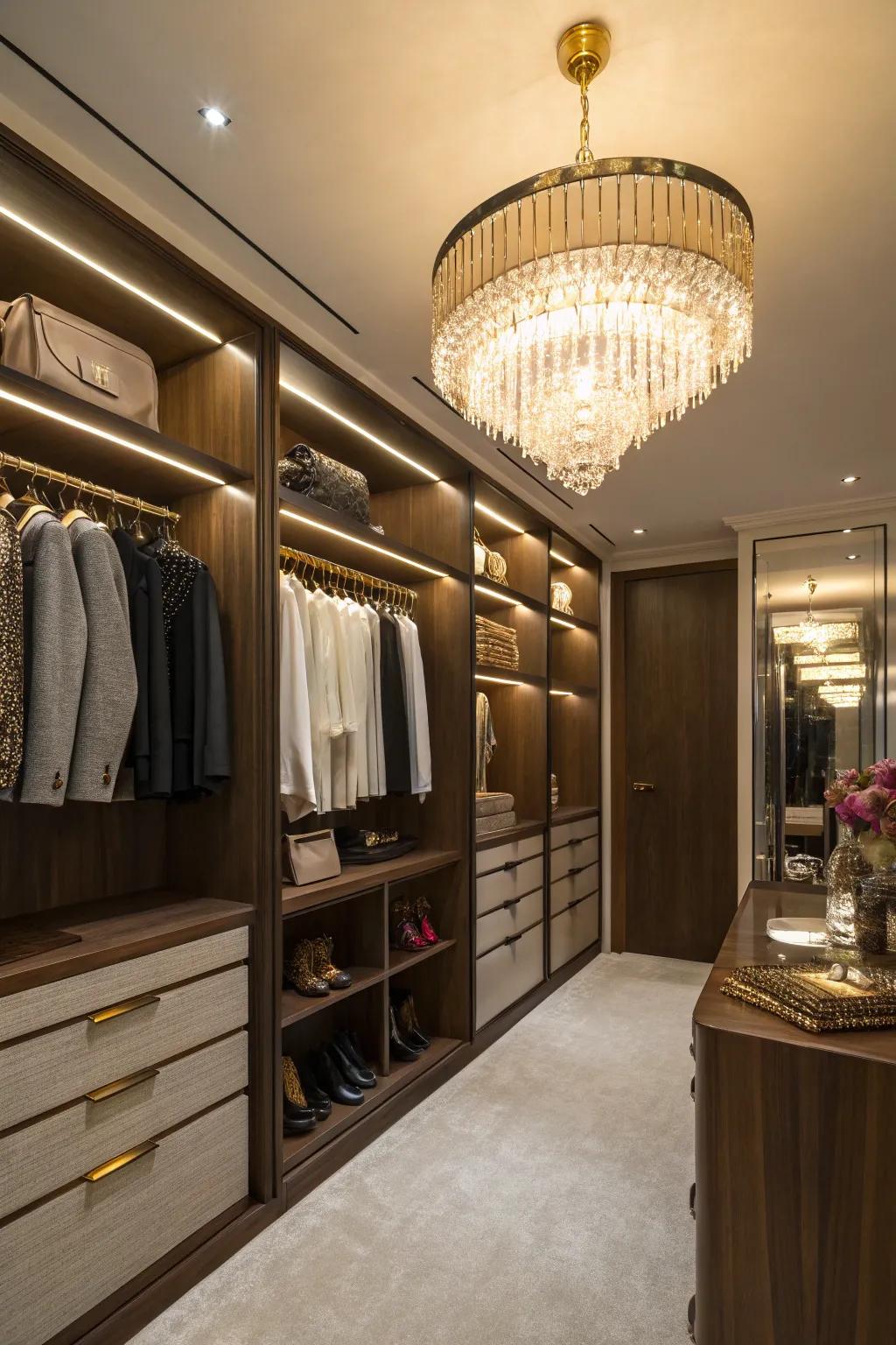 The closet's functionality and mood are enhanced by elegant lighting.