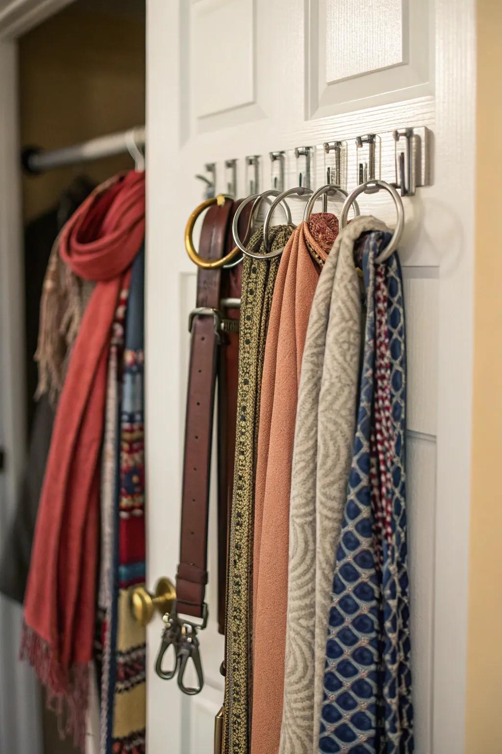 Utilize hooks to create an organized and accessible accessory storage system.