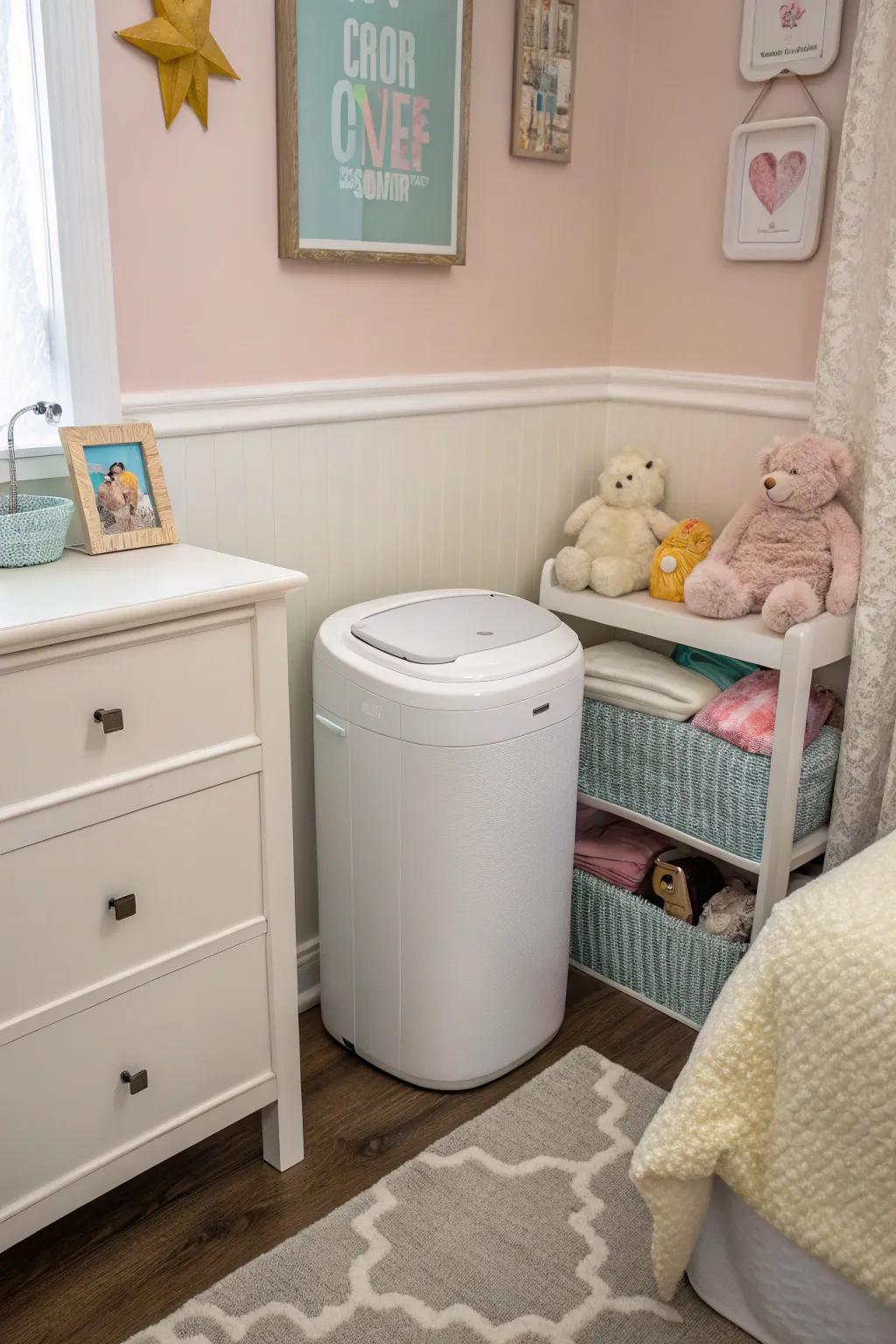 A streamlined diaper receptacle fits tidily into a diminutive nursery corner, maximizing spatial efficiency.