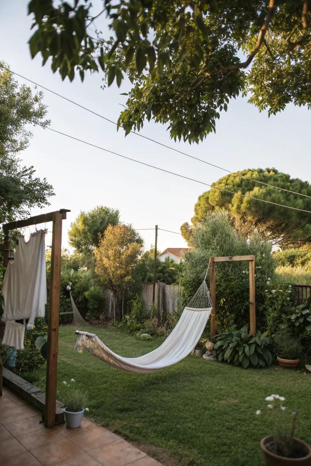 A leisure-oriented clothesline featuring a hammock canopy.