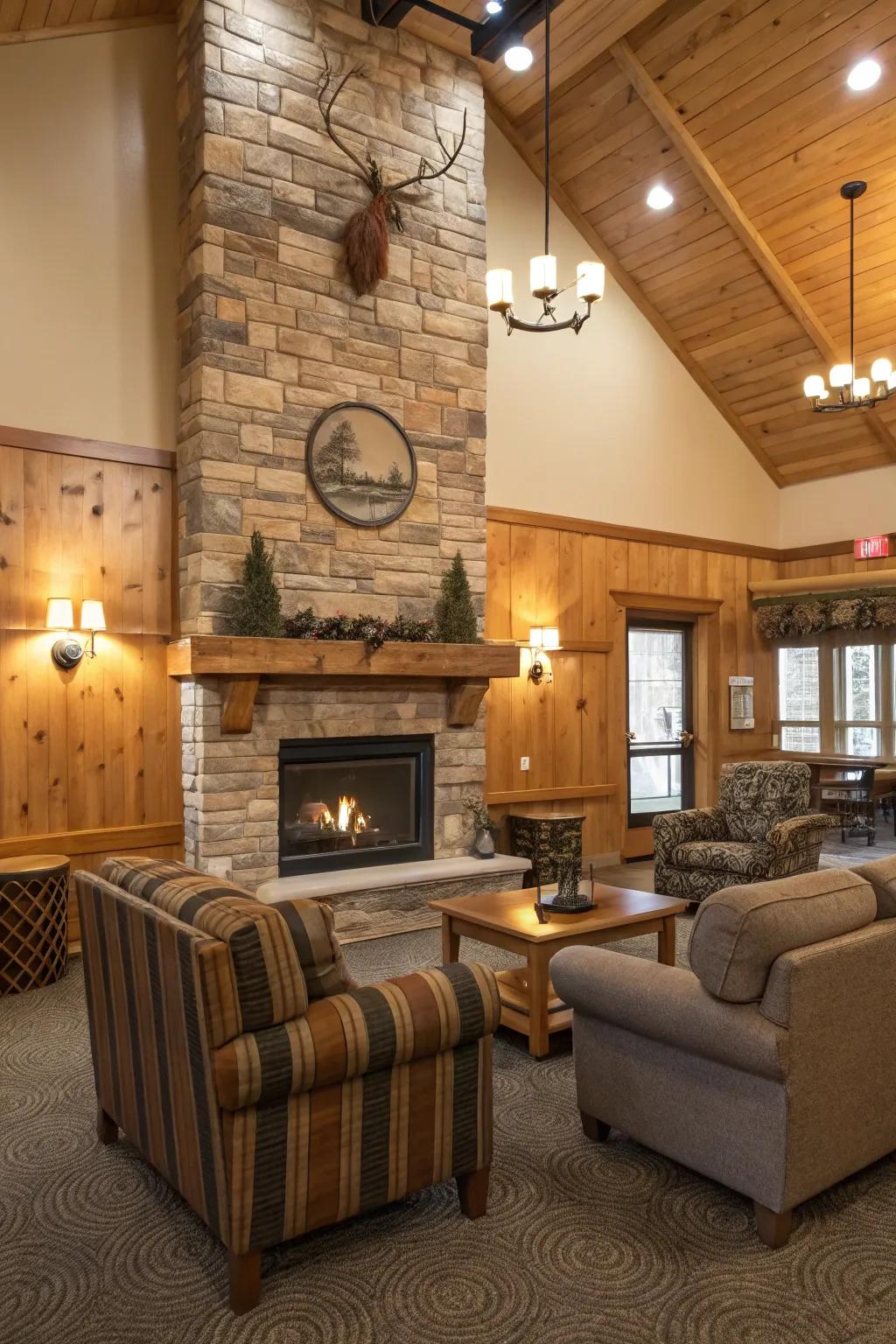 Cozy ambiance highlighted by a central hearth in a clubhouse.