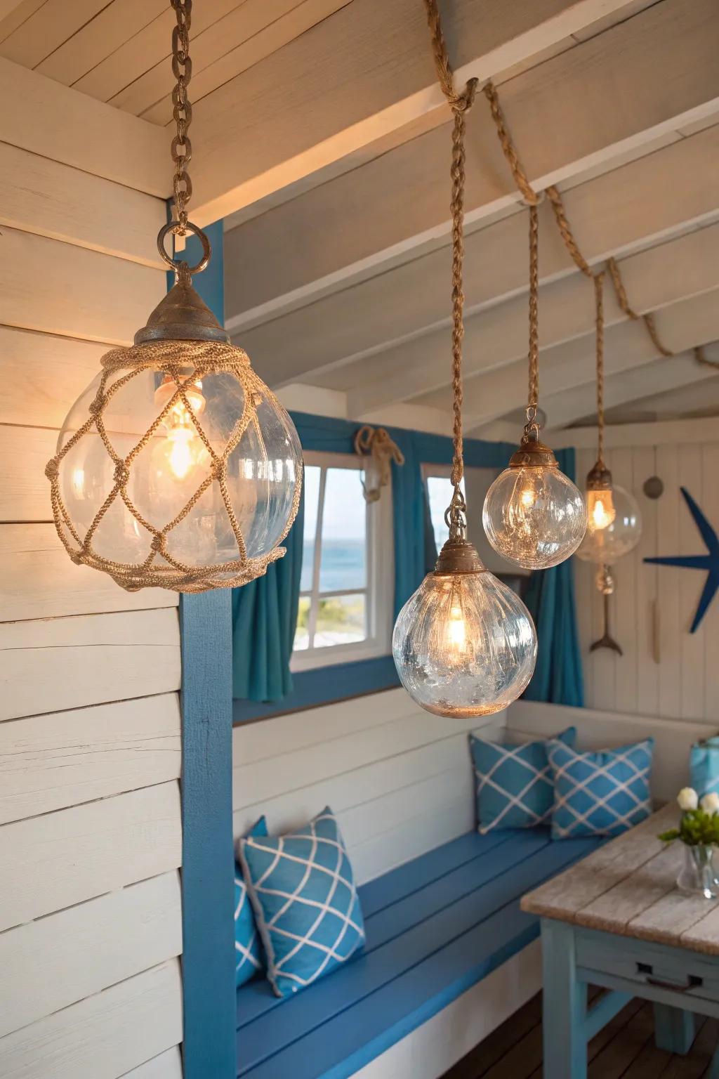 Pelagic orb lights cultivate a whimsical seaside atmosphere.