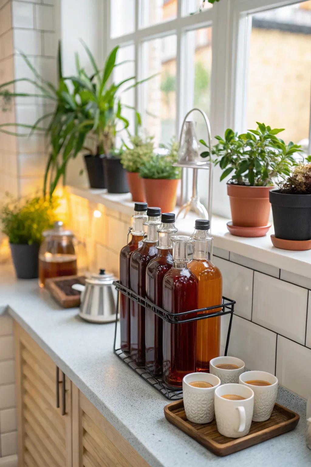 Small greenery adds an original appeal to your coffee syrup stand.